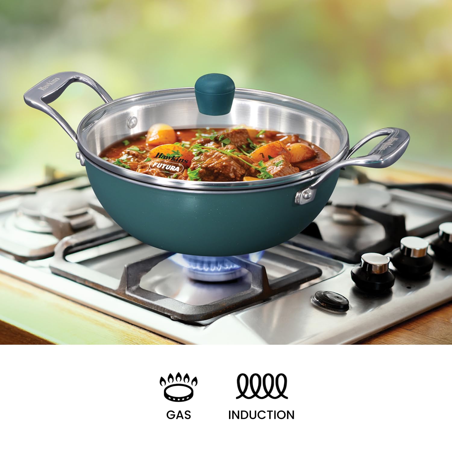 Hawkins Olive Pro 2.5 Litre Deep-Fry Pan, Triply Stainless Steel Kadhai with Stainless Steel Handles and Glass Lid, Green (POSK25G)