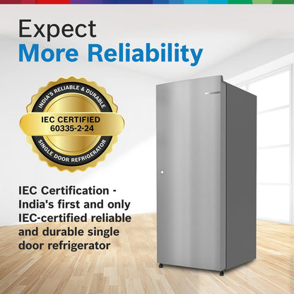 Bosch 187 L, 3 Star, Single Door Refrigerator with Industry's largest vegetable box* & largest Beverage space (CST18S23NI, Fine Steel) | 18 Hour Cooling Retention during powercut, 2.5x Faster Cooling