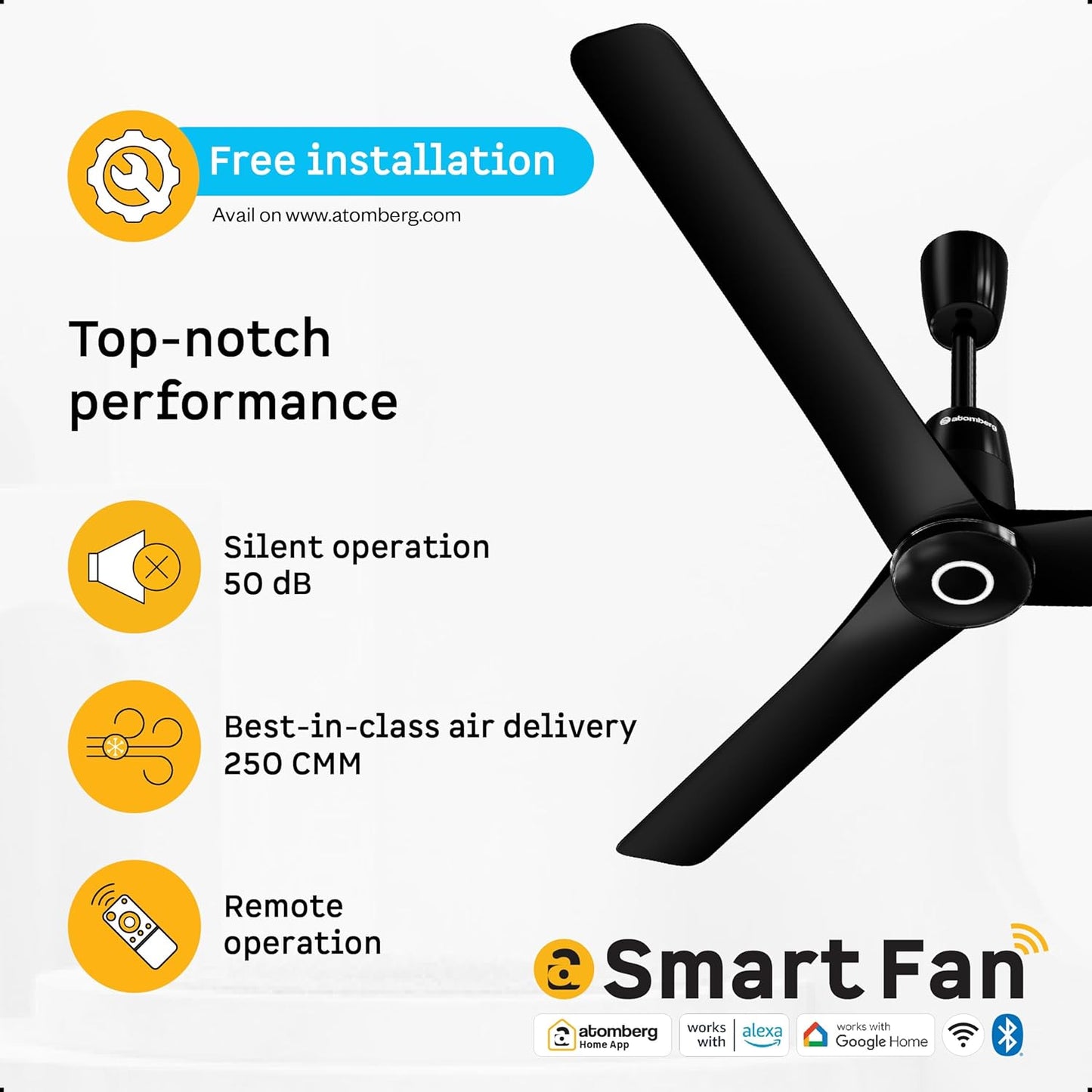 atomberg Aris Contour Smart 1200mm Voice Controlled BLDC Ceiling Fan with Remote |BEE 5 star|Best-in-class Air Flow |Silent Operation| Designer Fan | Free Installation |5 Year Warranty |Midnight Black