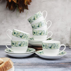 Clay Craft Fine Ceramic Cup&Saucer Set of 12 (6 Tea Cups+6 Saucers) White Pink Floral Can Be Used for Birthdays,Anniversaries,Parties,Mother,Father,Sister,Medium (Cc-Cs12-Cream-S341),180 Milliliter