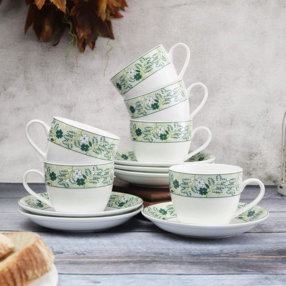 Clay Craft Fine Ceramic Cup&Saucer Set of 12 (6 Tea Cups+6 Saucers) White Pink Floral Can Be Used for Birthdays,Anniversaries,Parties,Mother,Father,Sister,Medium (Cc-Cs12-Cream-S341),180 Milliliter