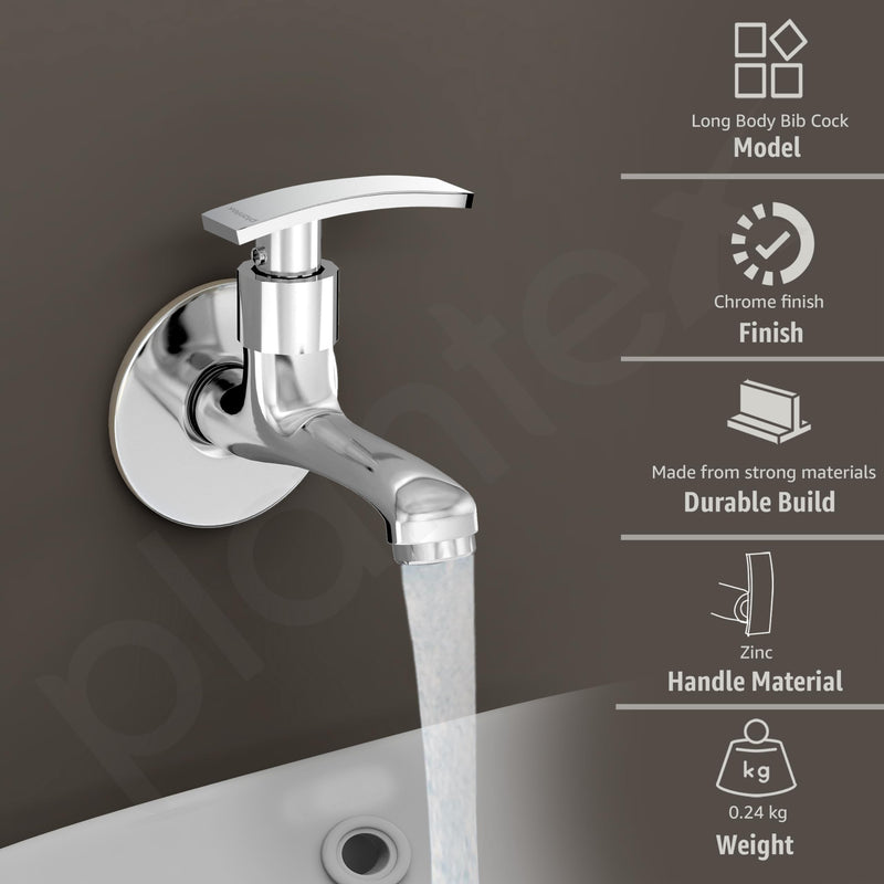 Plantex Bib Cock Water Tap for Bathroom with Brass Spindle and Water Saving Nozzle/Kitchen and Bathroom Accessories - Pack of 2 (Long Body-Chrome)-2