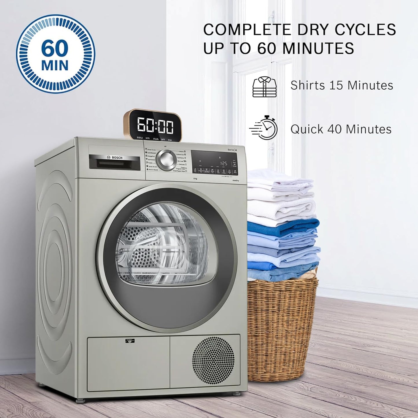 Bosch 8 kg Fully Automatic Front Load Condenser Tumble Dryer (WPG23108IN, 5 Drying Options, 14 Programs, Allergy Plus, 100% Drying with 0% Effort, Inbuilt Heater, Silver)