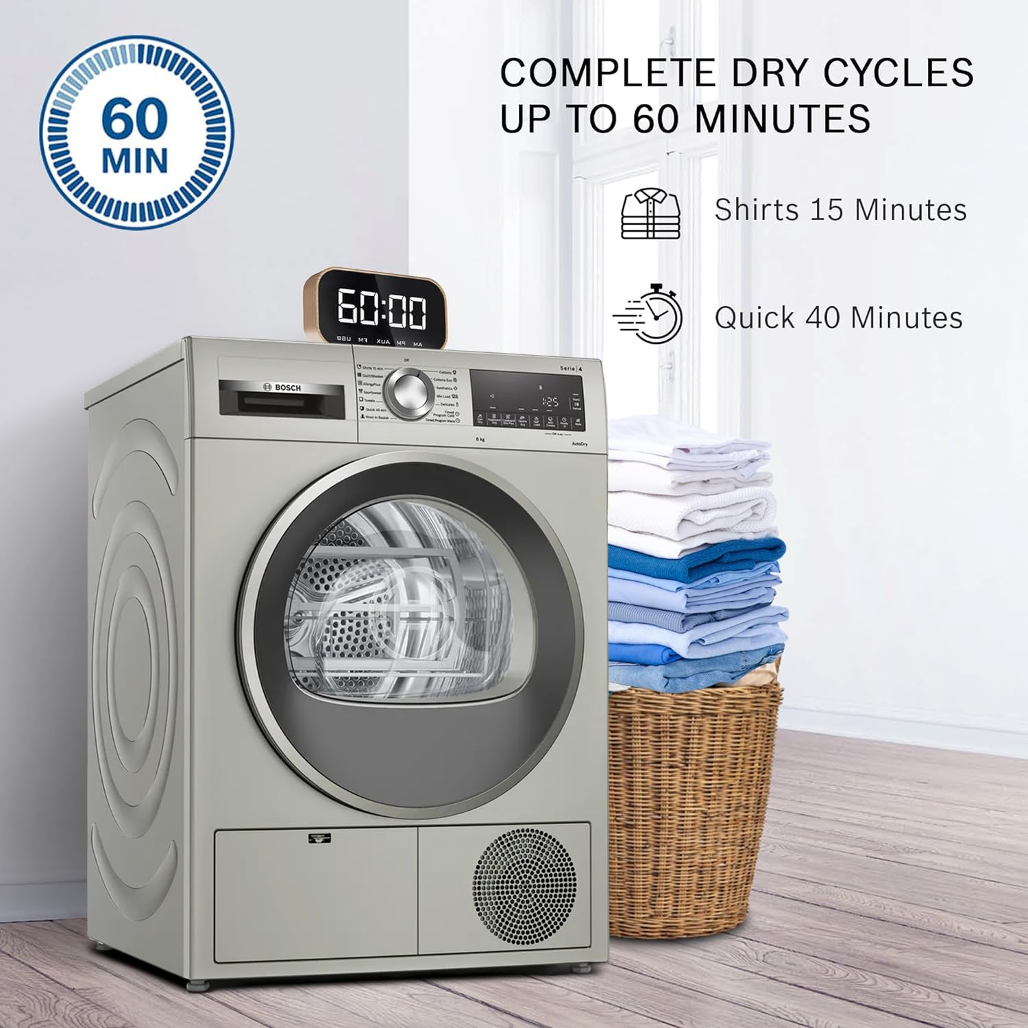 Bosch 8 kg Fully Automatic Front Load Condenser Tumble Dryer (WPG23108IN, 5 Drying Options, 14 Programs, Allergy Plus, 100% Drying with 0% Effort, Inbuilt Heater, Silver)