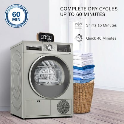 Bosch 8 kg Fully Automatic Front Load Condenser Tumble Dryer (WPG23108IN, 5 Drying Options, 14 Programs, Allergy Plus, 100% Drying with 0% Effort, Inbuilt Heater, Silver)