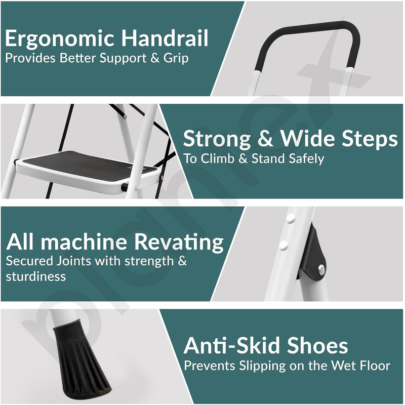 Plantex Alloy Steel 4 Step Ladder For Home/Foldable Strong Wide Step Ladder/Anti- Skid 4 Step Ladder - (White & Black)