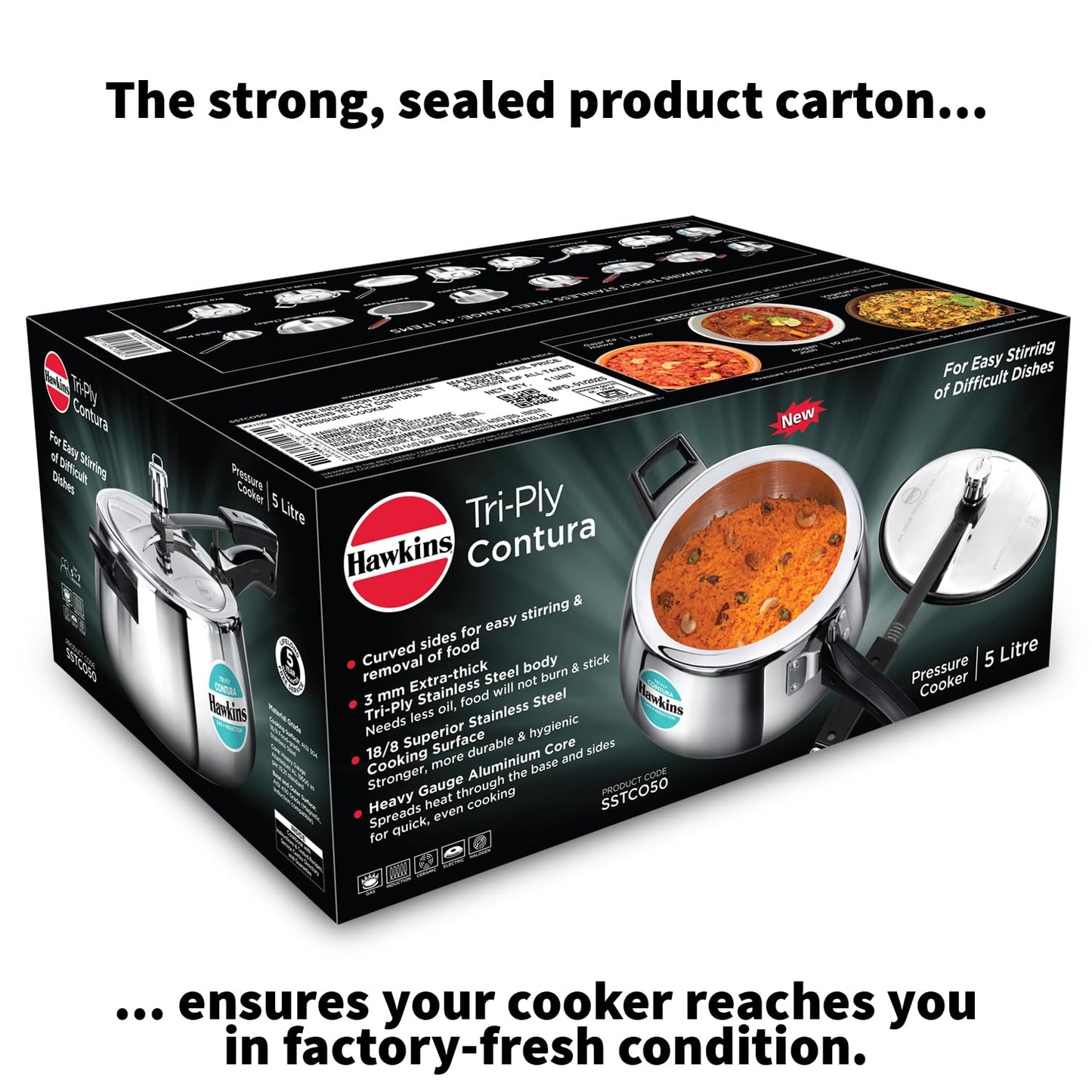 Hawkins 5 Litre Triply Contura Pressure Cooker, Triply Stainless Steel Induction & Contura shaped Cooker, Silver (SSTCO50)