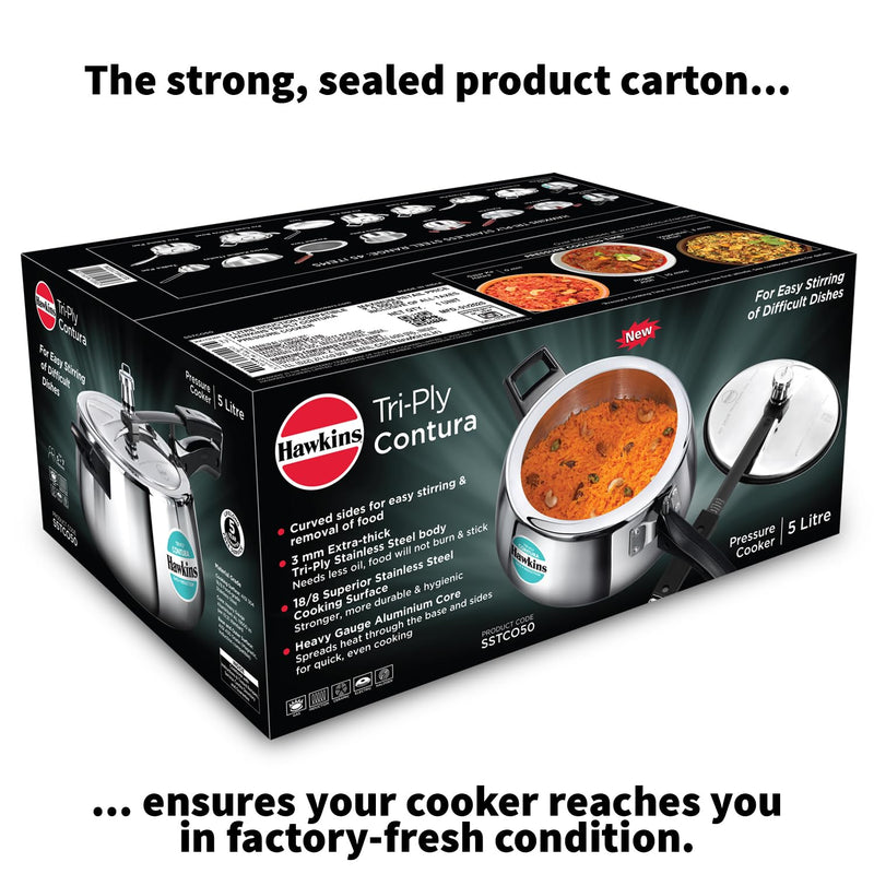 Hawkins 5 Litre Triply Contura Pressure Cooker, Triply Stainless Steel Induction & Contura shaped Cooker, Silver (SSTCO50)