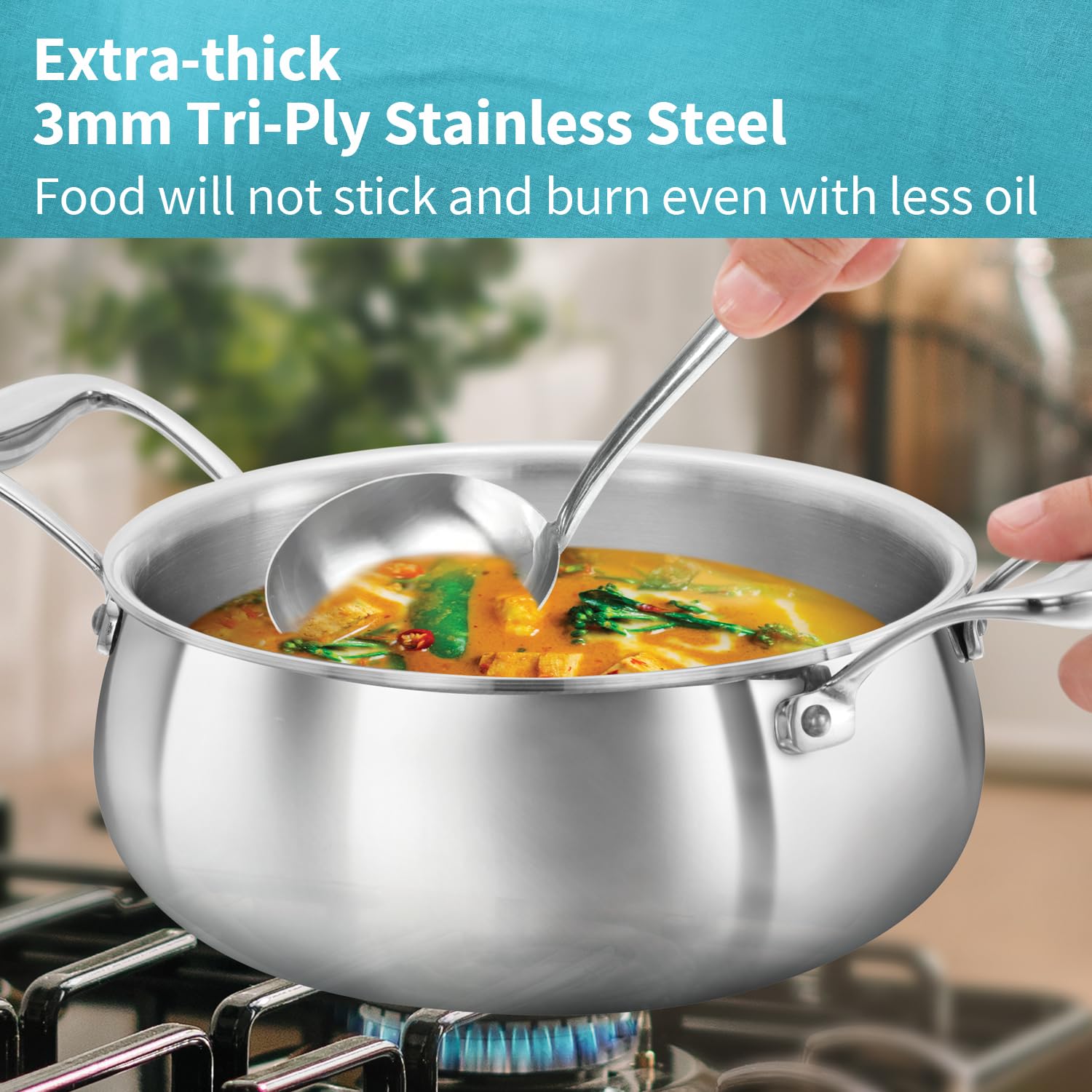 Hawkins Pro 2 Litre Handi with Lid, Triply Stainless Steel Sauce Pan for Cooking and Serving Biriyani, Silver (PSH20S)