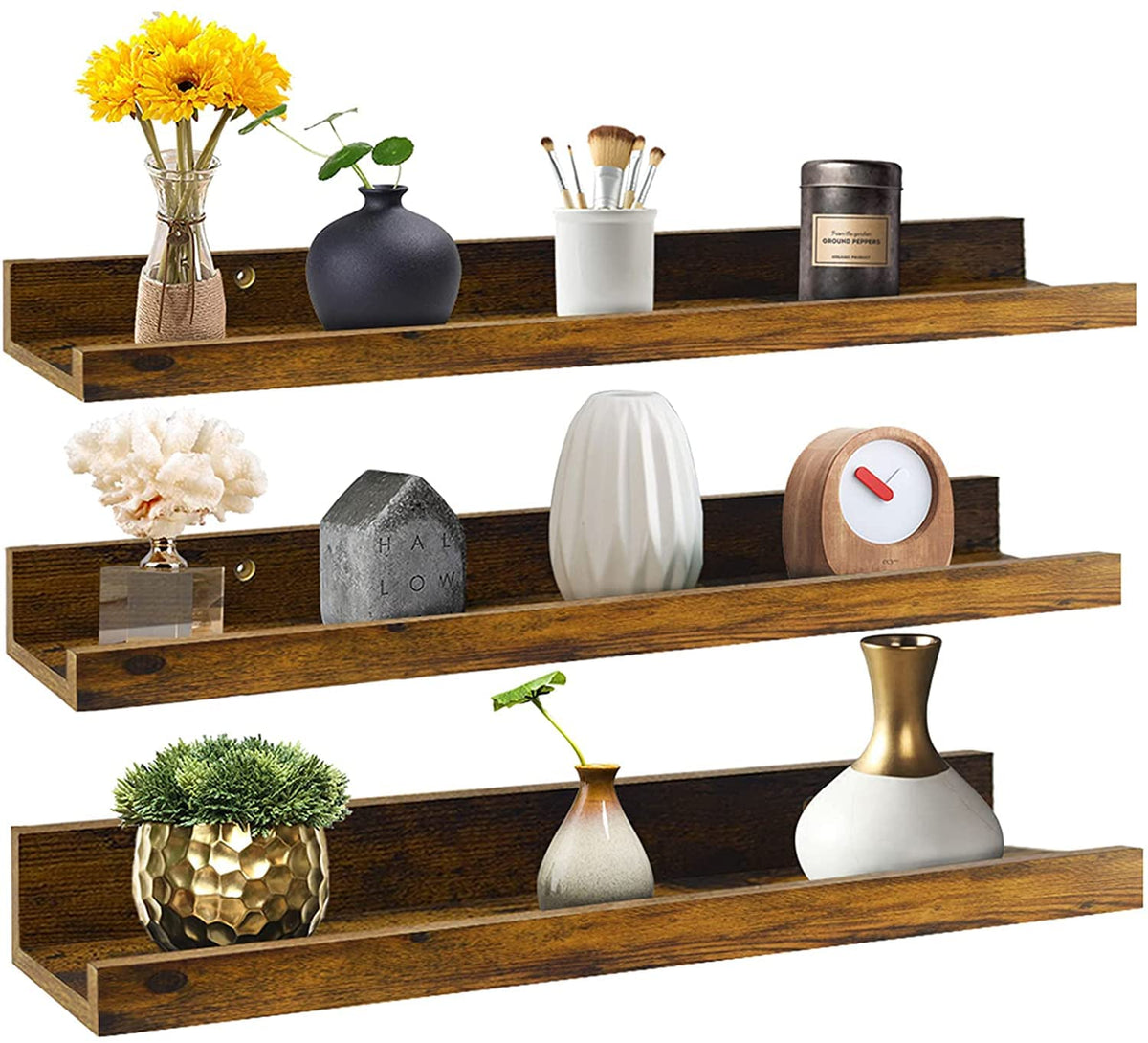24 Inch Floating Shelves Wall Mounted Set of 3, Rustic Large Wall Shelves Picture Ledge Shelf for Bedroom | Liv