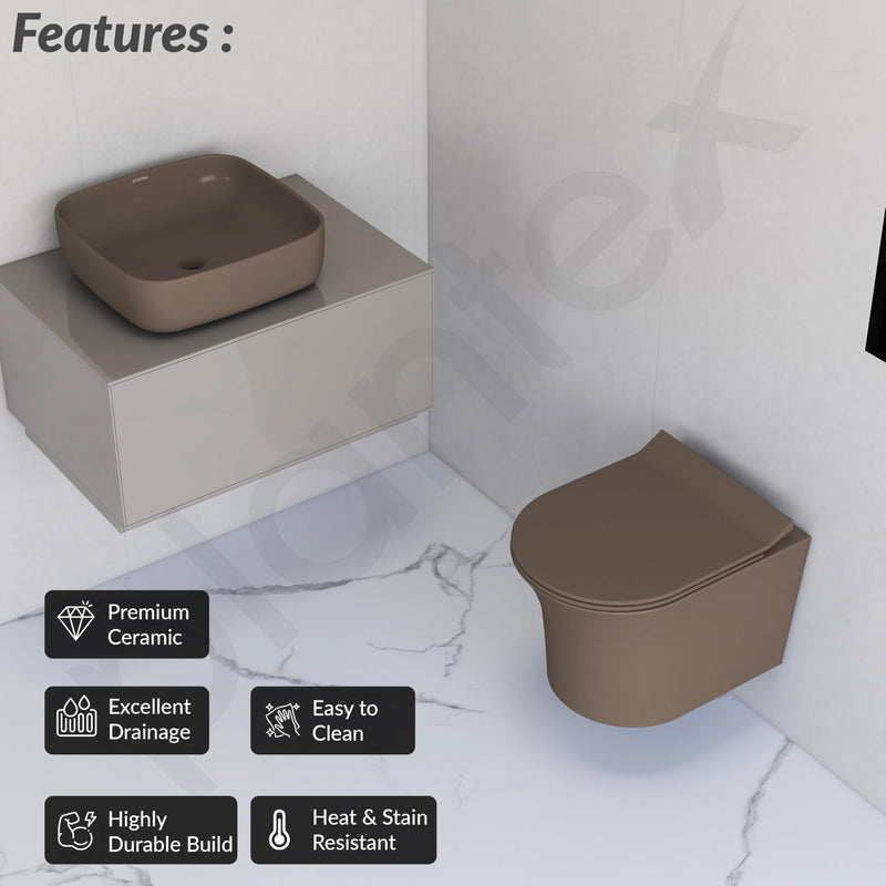 Plantex Ceramic Wall-Hung Commode with Tabletop Wash Basin for Bathroom/Rimless Washdown Flush Western Toilet/Bathroom Wash Basin - P Trap Commode - Choco-2