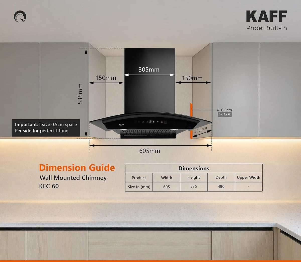 Kaff 60cm Curved Filterless Chimney, Installation Kit Included, KEC 60A