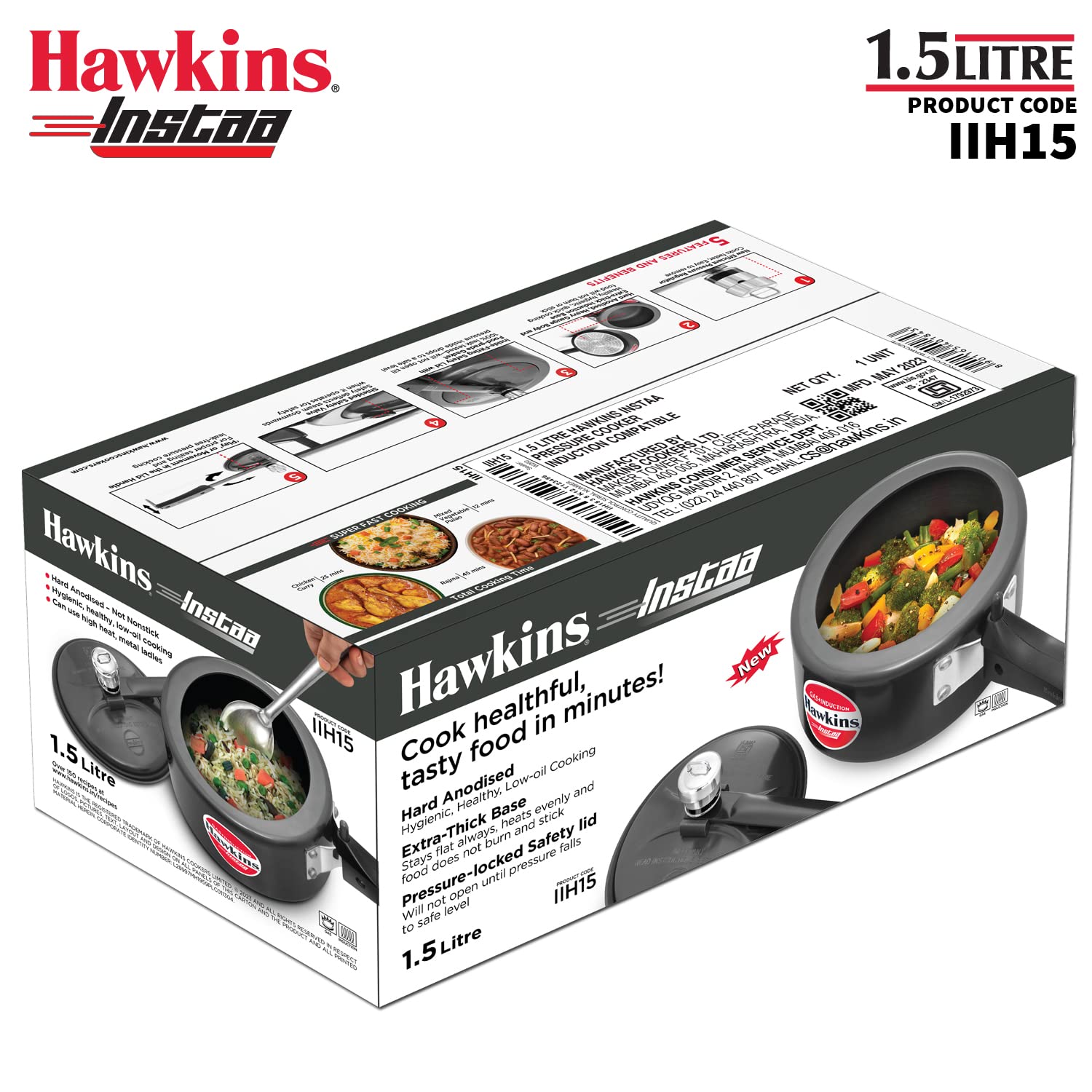 Hawkins 1.5 Litre Instaa Pressure Cooker, Induction Inner Lid Cooker, Tall Body Hard Anodised Baby Cooker, Black (IIH15)