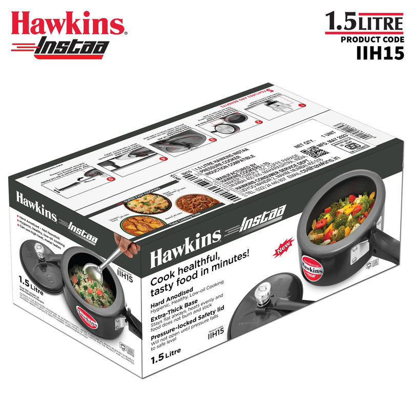Hawkins 1.5 Litre Instaa Pressure Cooker, Induction Inner Lid Cooker, Tall Body Hard Anodised Baby Cooker, Black (IIH15)