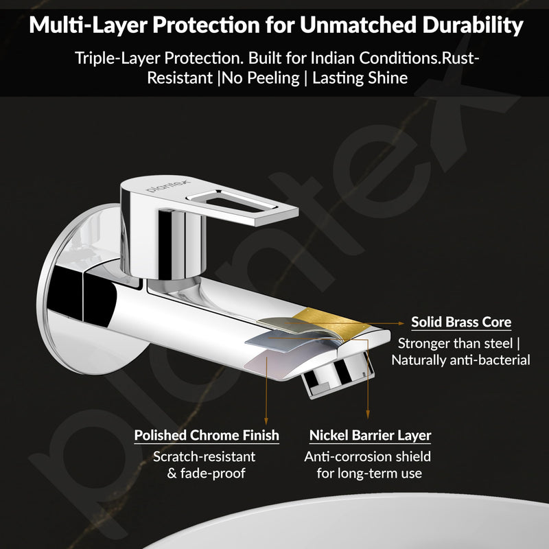 Plantex Pure Brass Bib Cock for Bathroom/Long Body Taps/Wall Mount Tap for Wash Basin with Teflon Tape & Wall Flange - Pack of 1 (Chrome, 3225)-6