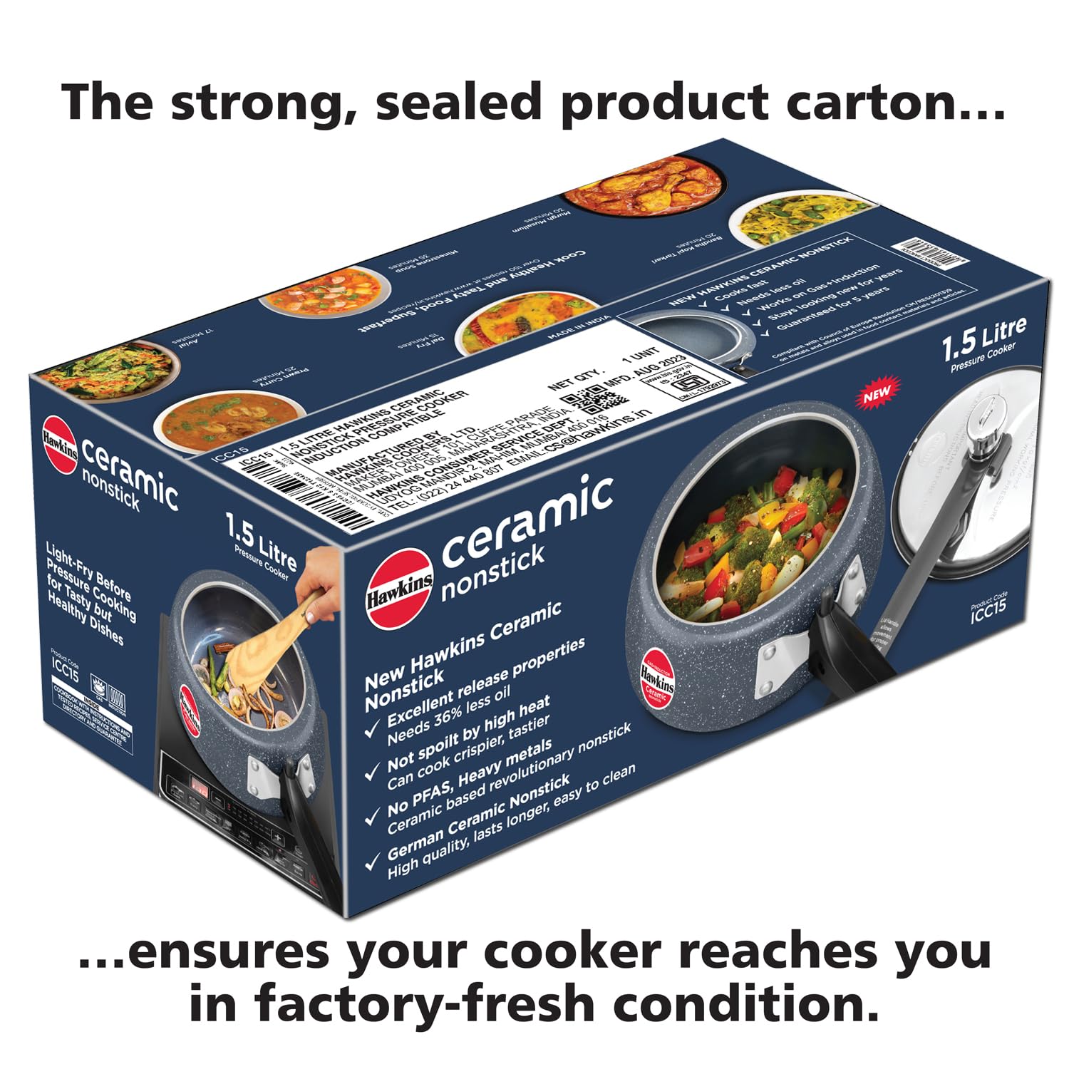 Hawkins 1.5 Litre Ceramic Nonstick Pressure Cooker, Induction Inner Lid Baby Cooker, Granite Contura shaped Cooker, Blue (ICC15)