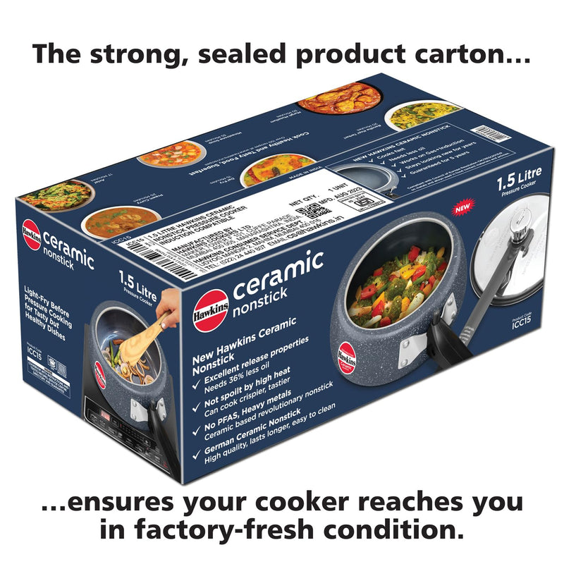 Hawkins 1.5 Litre Ceramic Nonstick Pressure Cooker, Induction Inner Lid Baby Cooker, Granite Contura shaped Cooker, Blue (ICC15)