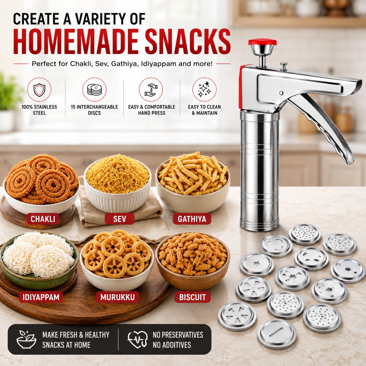 Kitchen Press Sev Sancha Machine | Murukku Maker | Chakli Maker | Idiyappam Press | Sev Bhujiya Gathiya Maker | Stainless Steel Snacks Maker for Farsan Namkeen Noodles Cookies
