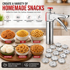 Kitchen Press Sev Sancha Machine | Murukku Maker | Chakli Maker | Idiyappam Press | Sev Bhujiya Gathiya Maker | Stainless Steel Snacks Maker for Farsan Namkeen Noodles Cookies