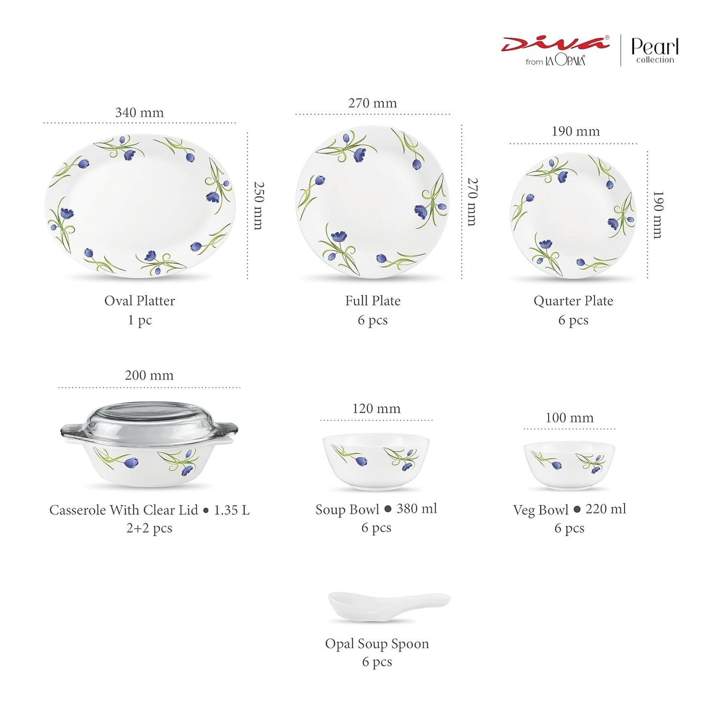 Diva by La Opala, Pearl Collection, Opal Glass Dinner Set 35 pcs, Turquoise Trims, White