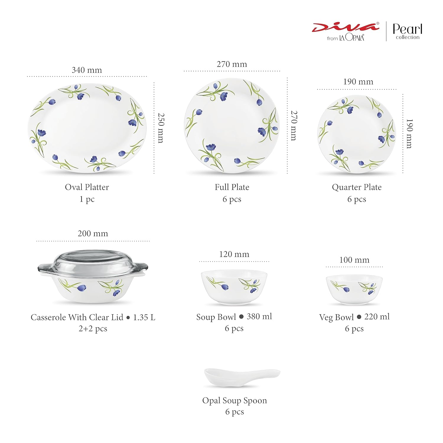 Diva by La Opala, Pearl Collection, Opal Glass Dinner Set 35 pcs, Turquoise Trims, White