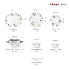 Diva by La Opala, Pearl Collection, Opal Glass Dinner Set 35 pcs, Turquoise Trims, White
