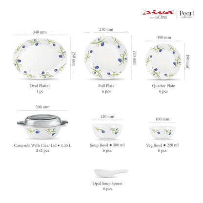 Diva by La Opala, Pearl Collection, Opal Glass Dinner Set 35 pcs, Turquoise Trims, White