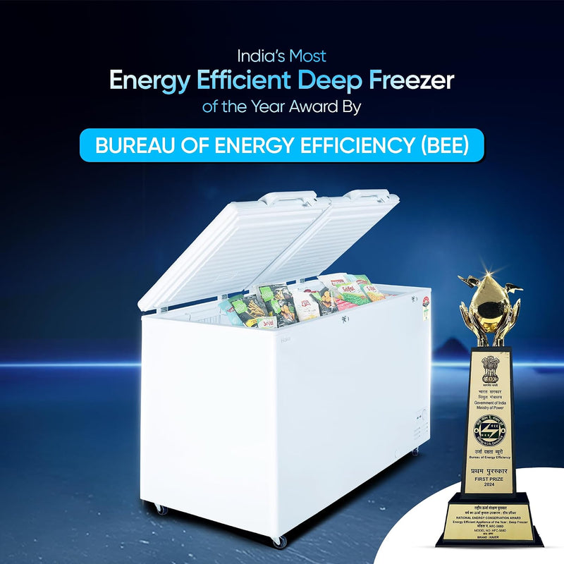 Haier HFC-500DM5, 5 Star Rating Double Door Convertible Deep Freezer, 5 Side Freezing, Dual Condenser, Inside Metal Liner with 70mm Puff Thickness (White 439L)