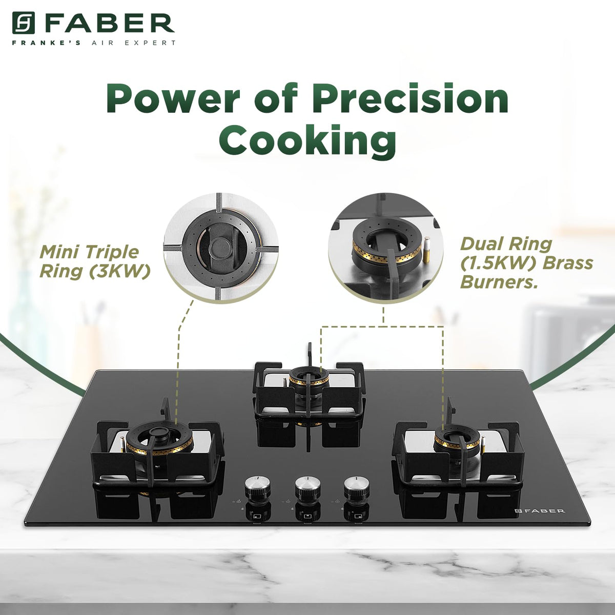 Faber 3 Burner HCT 78 cm Hob| Brass Burners| Bakelite Knobs| Cast Iron Pan Support | Hob/Cooktop Hybrid Toughened Glass 