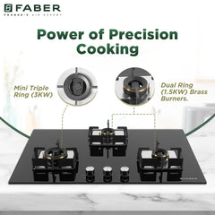 Faber 3 Burner HCT 78 cm Hob| Brass Burners| Bakelite Knobs| Cast Iron Pan Support | Hob/Cooktop Hybrid Toughened Glass 