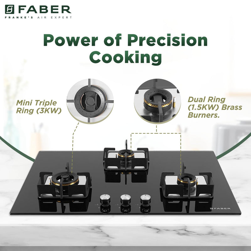 Faber 3 Burner HCT 78 cm Hob| Brass Burners| Bakelite Knobs| Cast Iron Pan Support | Hob/Cooktop Hybrid Toughened Glass 