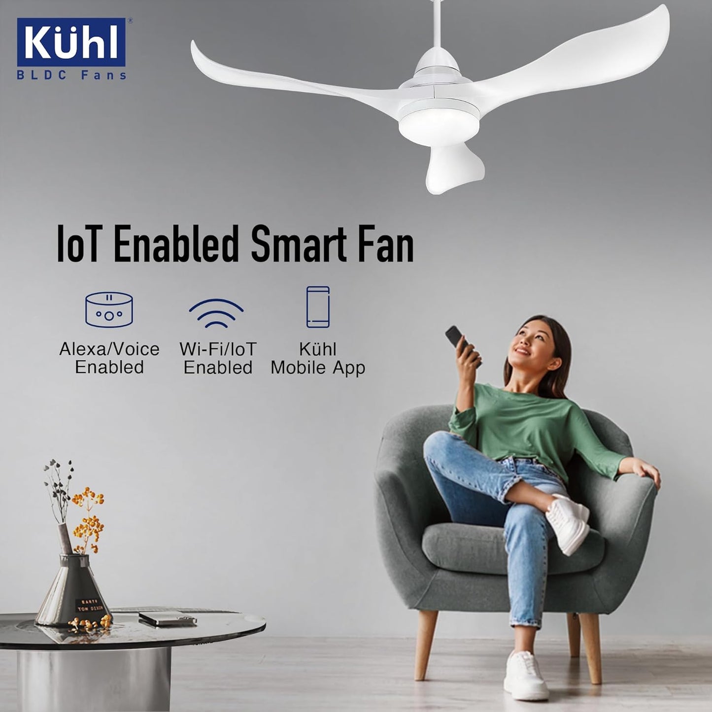 KUHL Glanz F3 1320MM 65% Power Saving BLDC Ceiling Fan | BEE 5 Star Rated & ISI Marked | High Air Flow | 5Year Warranty on Motor By Brand | Free Installation | IoT Operate via Mobile & Alexa | White