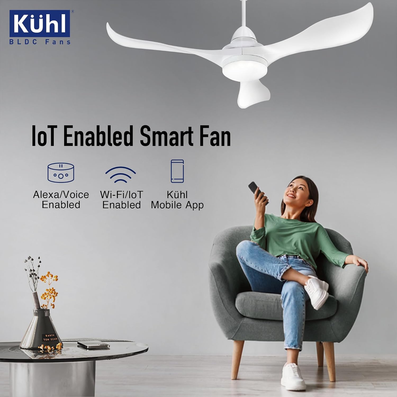 KUHL Glanz F3 1320MM 65% Power Saving BLDC Ceiling Fan | BEE 5 Star Rated & ISI Marked | High Air Flow | 5Year Warranty on Motor By Brand | Free Installation | IoT Operate via Mobile & Alexa | White