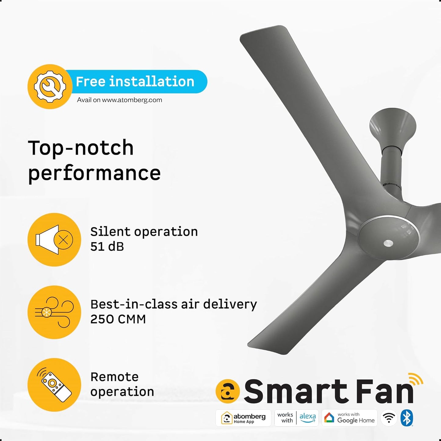 atomberg Aris Gladius Smart 1200mm BLDC Ceiling Fan with IoT & Remote | BEE 5-Star | Advance Air+ Technology | Silent Operation | Energy Efficient | Free Installation | 5 Year Warranty (Sand Grey)