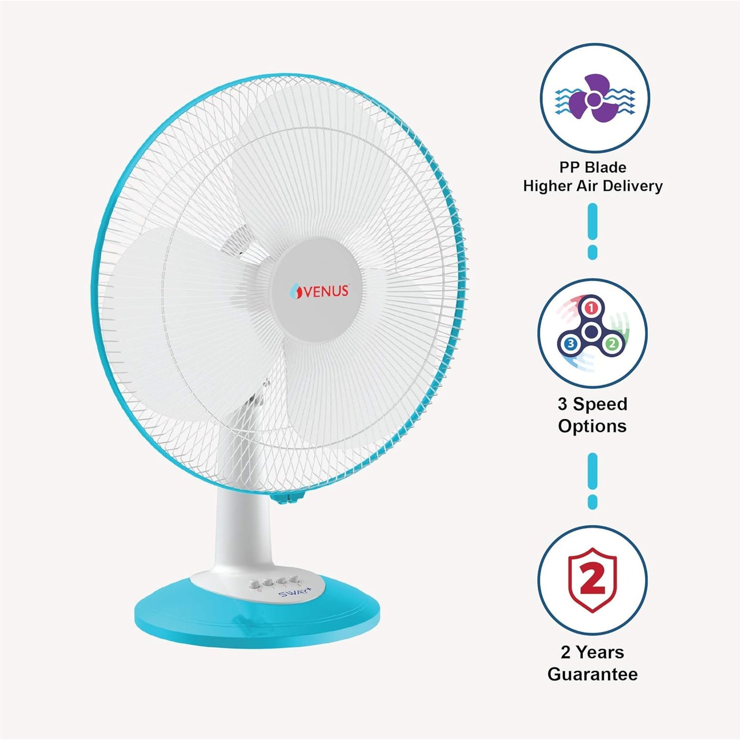 VENUS Sway Plus STF-400 Table Fans | 400mm | 60W |Oscillation with 3 Speed Option | 2 year Gurantee | ISI Certified (Sky Blue)