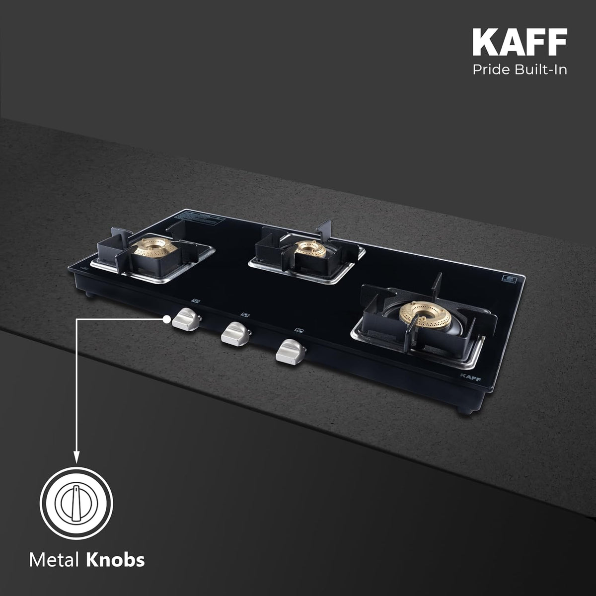 Kaff 77cm 3 Burner Glass Gas Stove | High Efficiency Brass Burners | 8mm Black Toughened Glass | Cast Iron Pan Support |