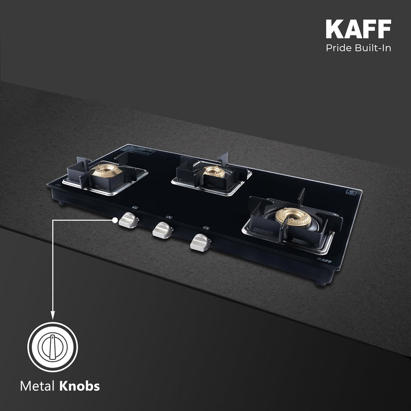 Kaff 77cm 3 Burner Glass Gas Stove | High Efficiency Brass Burners | 8mm Black Toughened Glass | Cast Iron Pan Support |