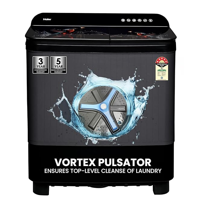 Haier 9 Kg 5 Star Semi Automatic Top Load Washing Machine with Toughened Glass and Spray Function, Anti Bacterial Vortex Pulsator (HTW90-178FL,Black, Anti Rat mesh, Magic Filter, Castors, Black)