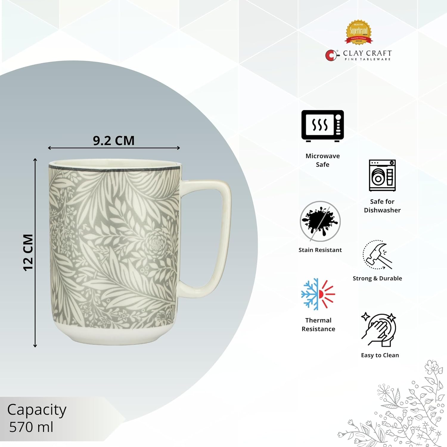 Clay Craft Fine Ceramic Bloom Mug, 570 ml, Perfect for Afternoon Tea, Gifts, and Home Décor, Elegant Ceramic Tea Cups Set, Modern Tea Cups, Coffee Mug