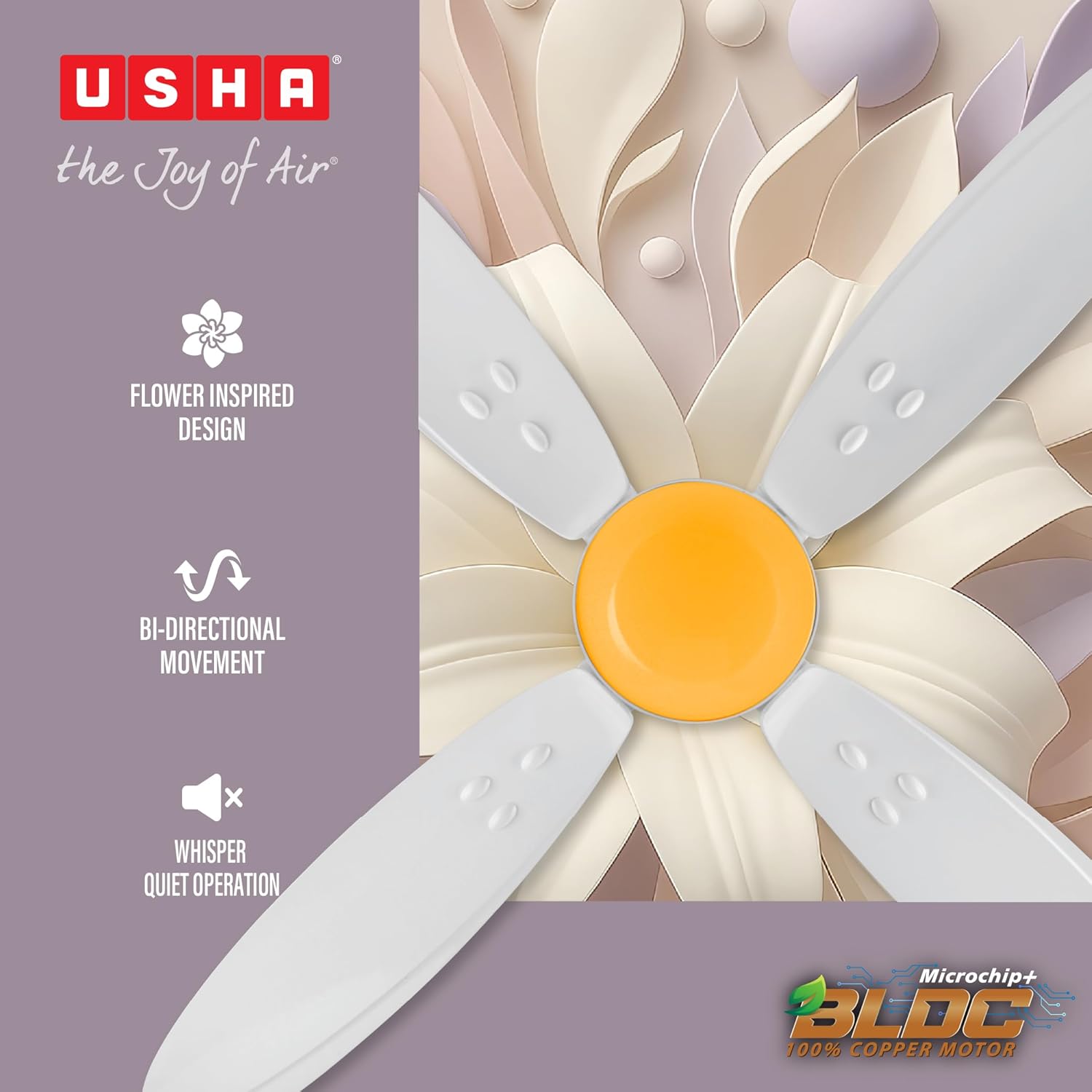USHA New Bloom Series Lily Nova (Inspired by Lily) 4-Blade BLDC Ceiling Fan with Bi-Directional Feature | Sleep/Boost/Timer Modes | RF Remote | Dust-Resistant | Whisper-Quiet (White & Saffron Yellow)