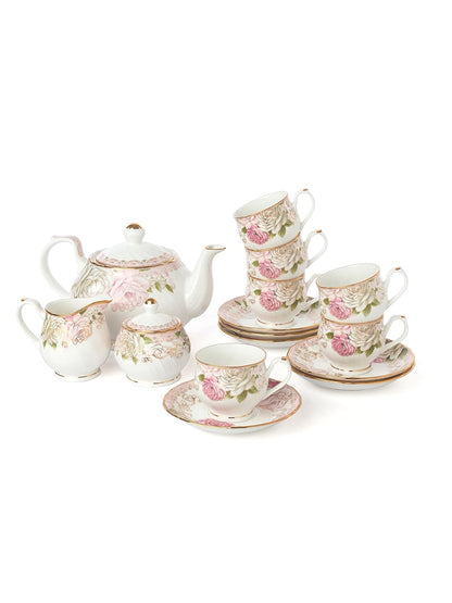 Clay Craft Gold Print Premium Fine Ceramic Tea Set of 15 Pcs (1 Kettle + 6 Cups + 6 Saucers + 1 Milk Pot + 1 Sugar Pot) (Design 6 - Rose(R512))