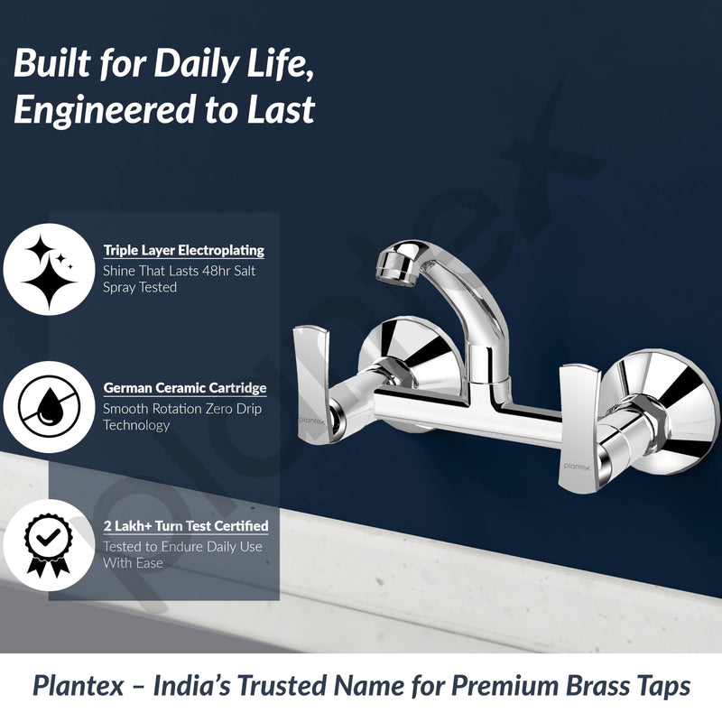 Plantex Sink Cock for Kitchen Sink/360 Degree Rotating with Foam Flow/Wall Mount Swan Neck with Wall Flange and Teflon Tape - Pack of 1 (Chrome, 3523)-3