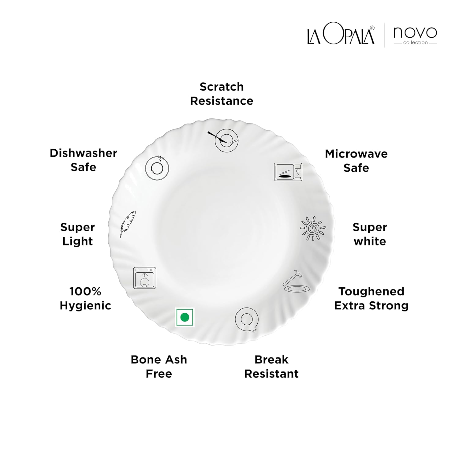 La Opala, Novo Collection Opal Glass Crockery | Cup & Saucer Princess, Set of 12 | Radiant Curves, 150 ml | for Tea & Coffee | Microwave Safe | 100% Vegetarian | Extra Strong | Super Light & White