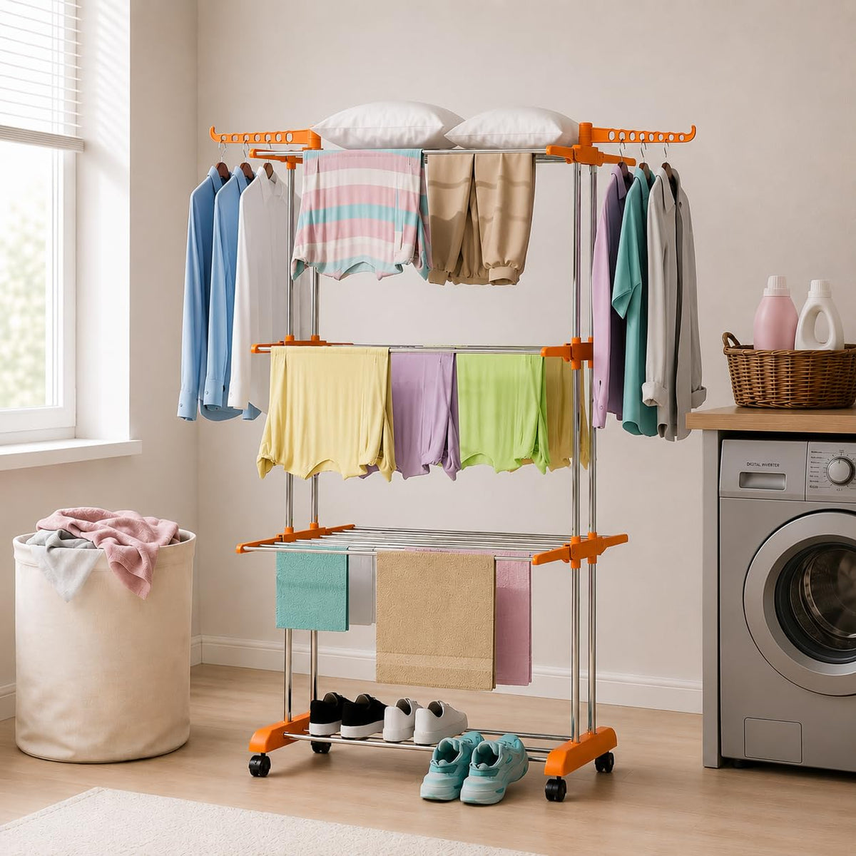 HOUZA Stainless Steel Clothes Drying Stand | 3 Layer Foldable Cloth Dryer Stand with Wheels | 6 Foldable Wings - Orange