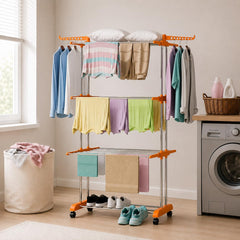 HOUZA Stainless Steel Clothes Drying Stand | 3 Layer Foldable Cloth Dryer Stand with Wheels | 6 Foldable Wings - Orange