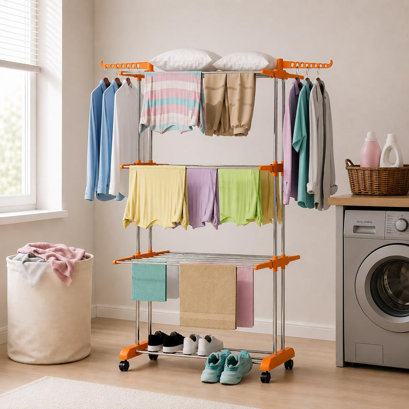 HOUZA Stainless Steel Clothes Drying Stand | 3 Layer Foldable Cloth Dryer Stand with Wheels | 6 Foldable Wings - Orange