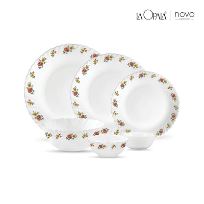La Opala Novo Collection Opal Glass Crockery | for Family of 6 | Dinner Set 23 pcs Petite Roses | Plates & Bowls for Dining | Microwave Safe | 100% Vegetarian | Extra Strong | Light & White