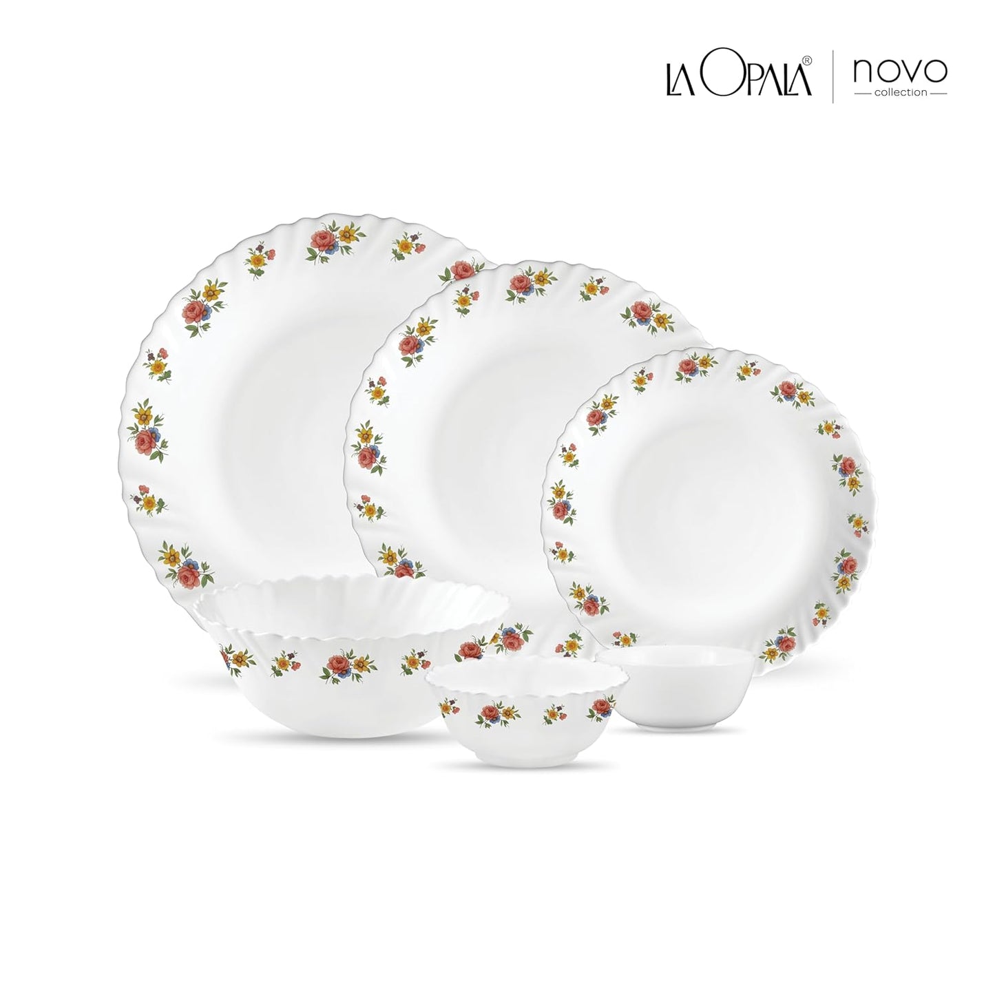 La Opala Novo Collection Opal Glass Crockery | for Family of 6 | Dinner Set 23 pcs Petite Roses | Plates & Bowls for Dining | Microwave Safe | 100% Vegetarian | Extra Strong | Light & White
