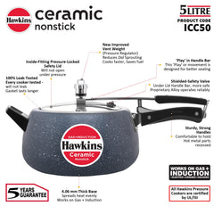 Hawkins 5 Litre Ceramic Nonstick Pressure Cooker, Induction Inner Lid Cooker, Granite Contura shaped Cooker, Blue (ICC50)