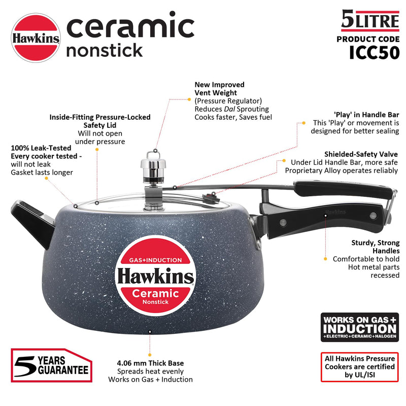 Hawkins 5 Litre Ceramic Nonstick Pressure Cooker, Induction Inner Lid Cooker, Granite Contura shaped Cooker, Blue (ICC50)
